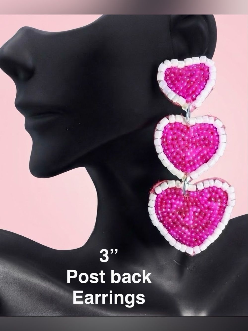 E22. Hot Pink and White Triple Heart Beaded Post-Back Earrings